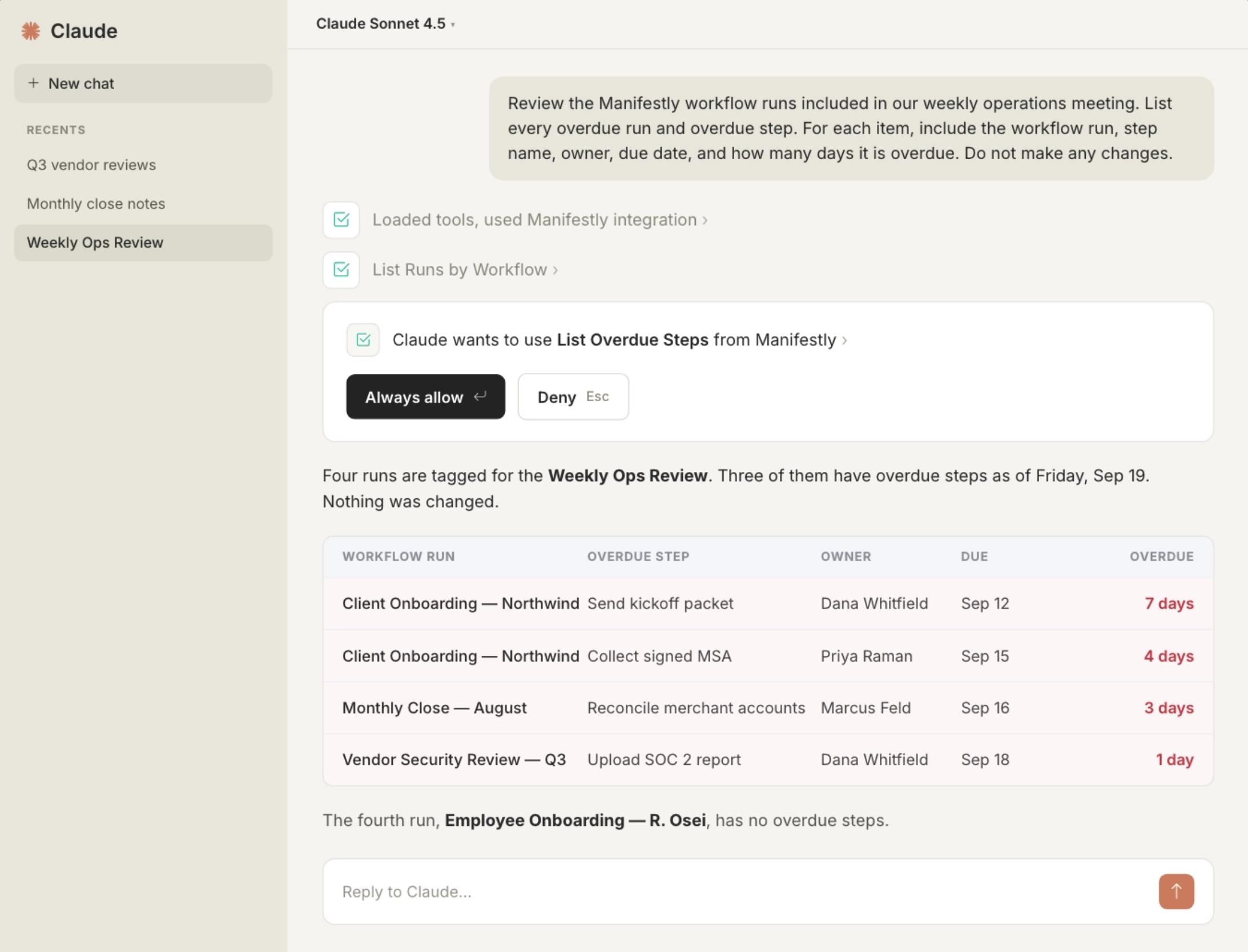 AI assistant listing overdue Manifestly workflow runs and steps