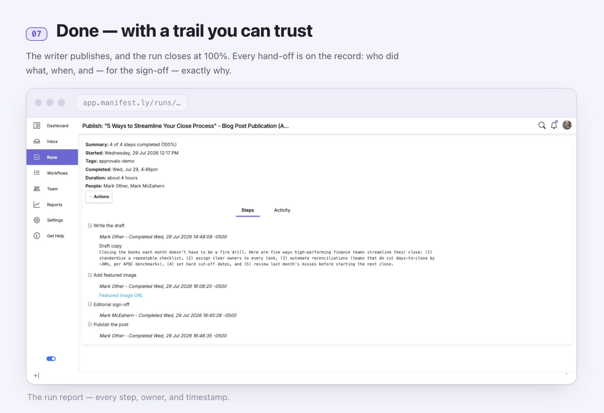 The exportable audit trail of approval decisions in a Manifestly run.