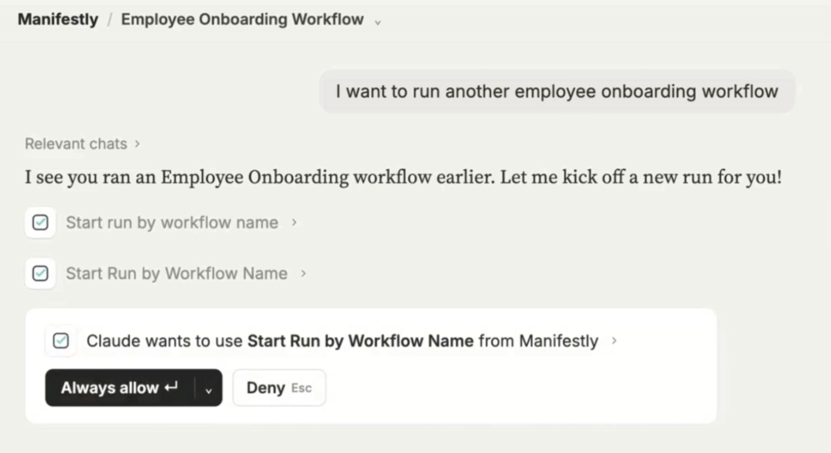 Asking Claude to start the Employee Onboarding workflow for a new hire