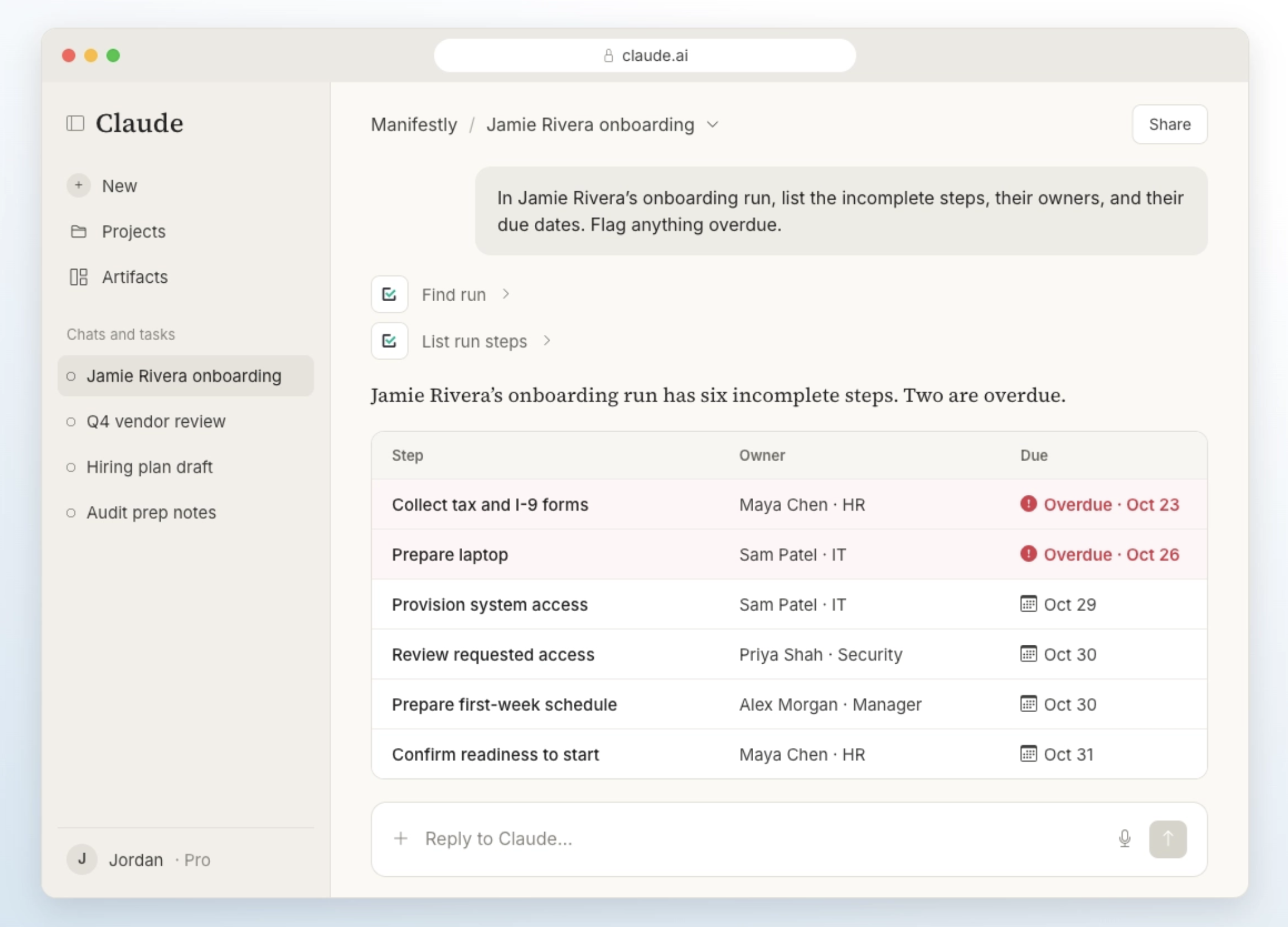 An AI assistant listing incomplete onboarding steps, owners, and due dates