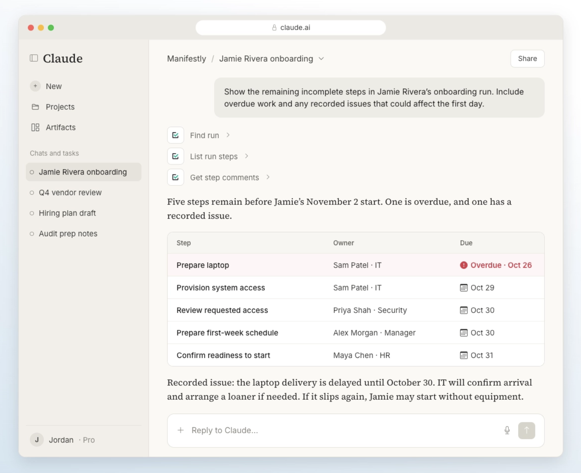 Reviewing remaining onboarding steps and recorded issues before the first day