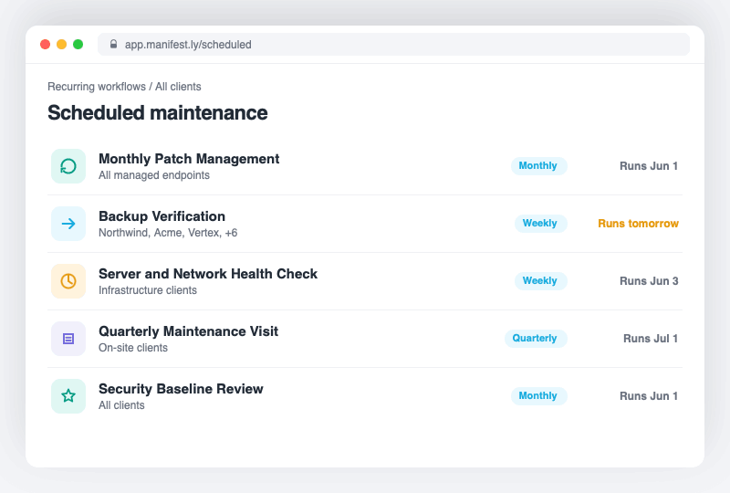 Recurring maintenance workflows scheduled across clients